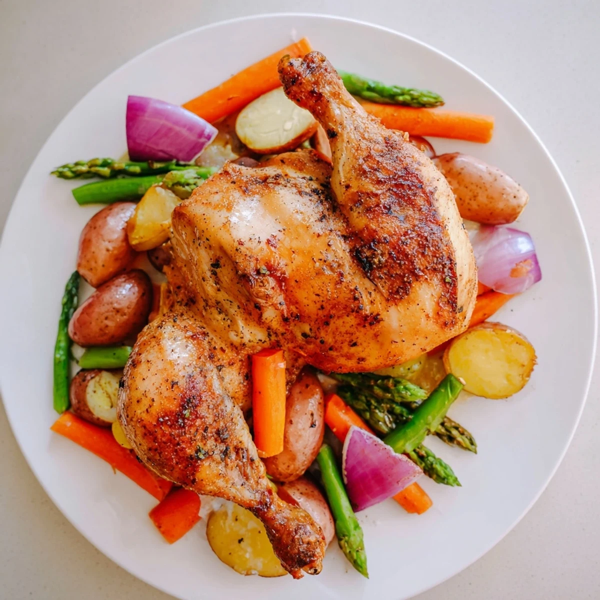 Roasted Chicken with Spring Vegetables sizzling from the oven beside tender carrots and asparagus.