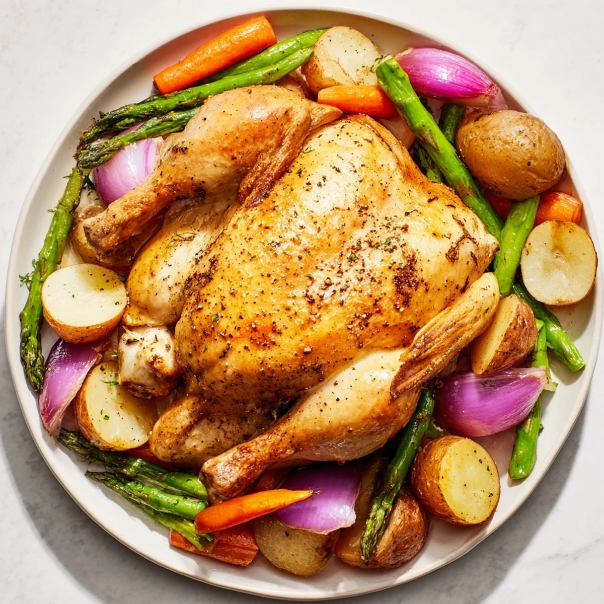 Juicy Roasted Chicken with Spring Vegetables plated, garnished with parsley for a fresh family dinner.