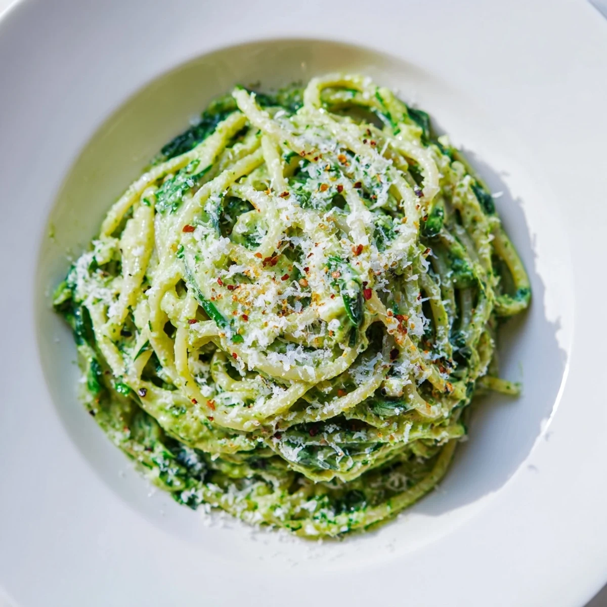Close-up of creamy avocado and spinach pasta with Parmesan, a drizzle of olive oil, and steam rising.