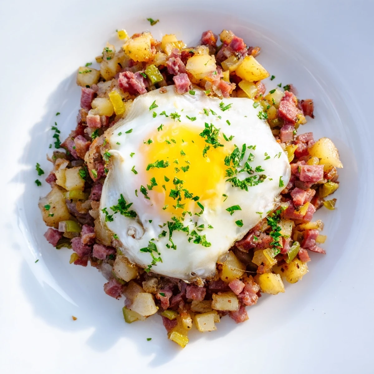 A close-up of Corned Beef Hash with Poached Eggs, featuring crispy diced potatoes and tender corned beef topped with a runny egg yolk.