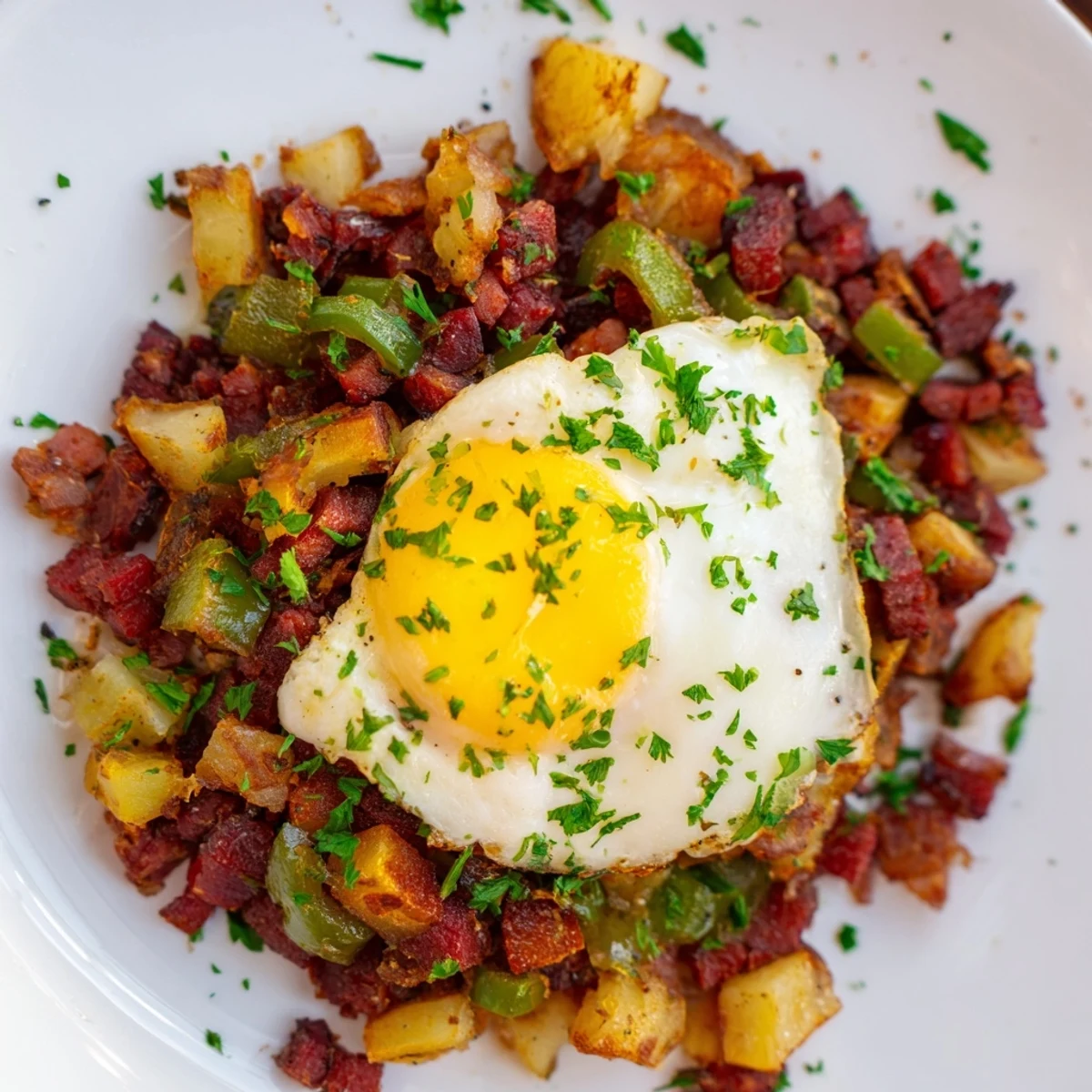 A rustic skillet presentation of Corned Beef Hash with Poached Eggs, highlighting the golden-brown crust and perfectly poached eggs.