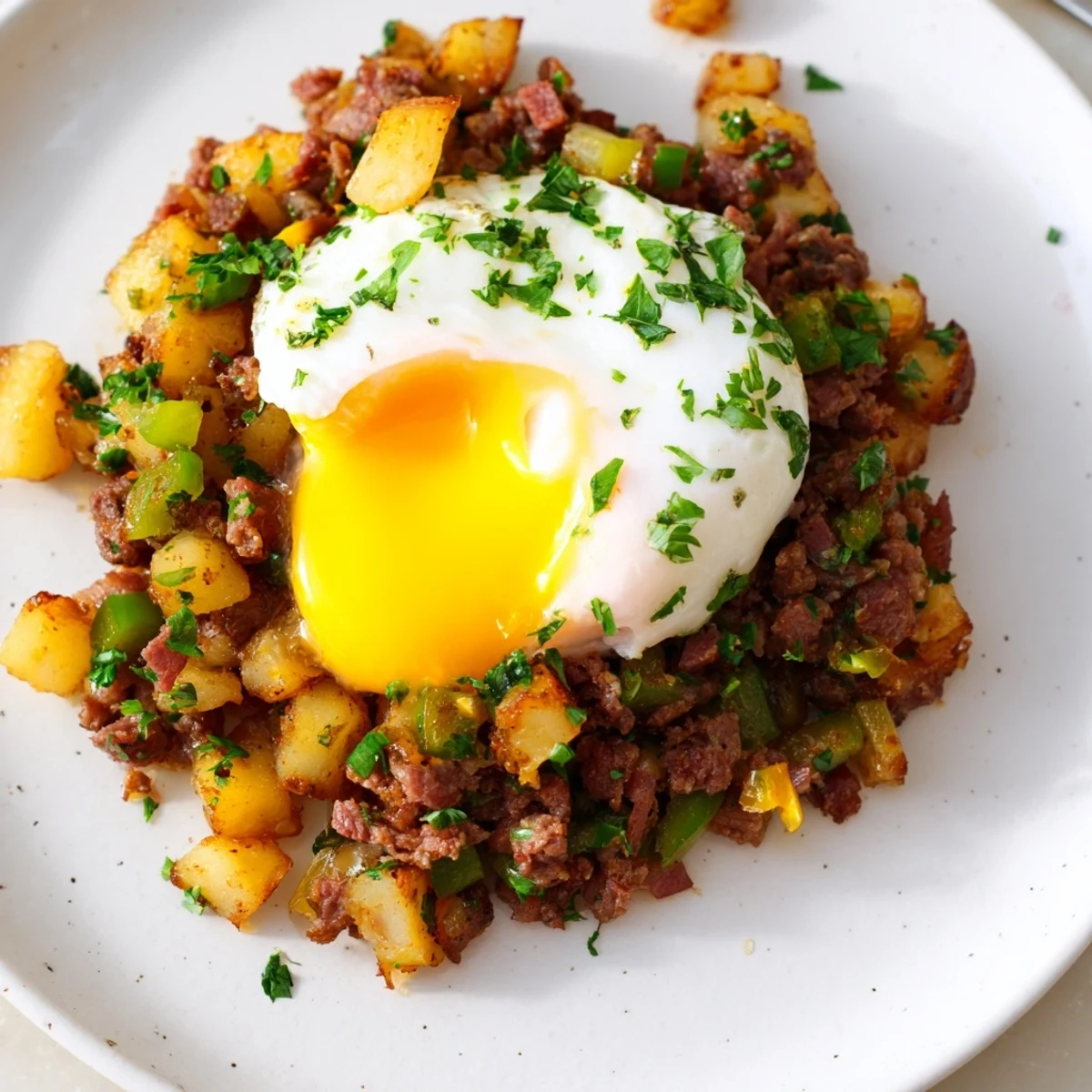 Serving of Corned Beef Hash with Poached Eggs on a white plate, garnished with fresh parsley and a side of hot sauce.
