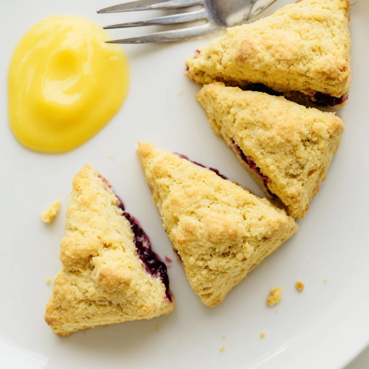 Freshly baked Lemon Blueberry Scones with Lemon Curd are ready for breakfast, topped with vibrant lemon zest and blueberries.