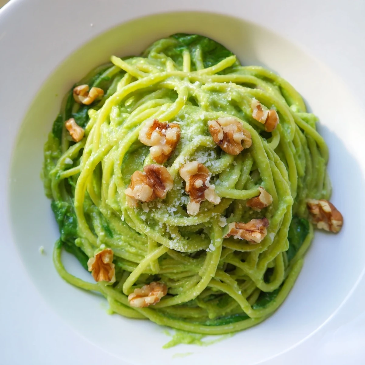 Creamy avocado spinach pasta with walnuts, a quick twenty five minute meal for busy weeknights.