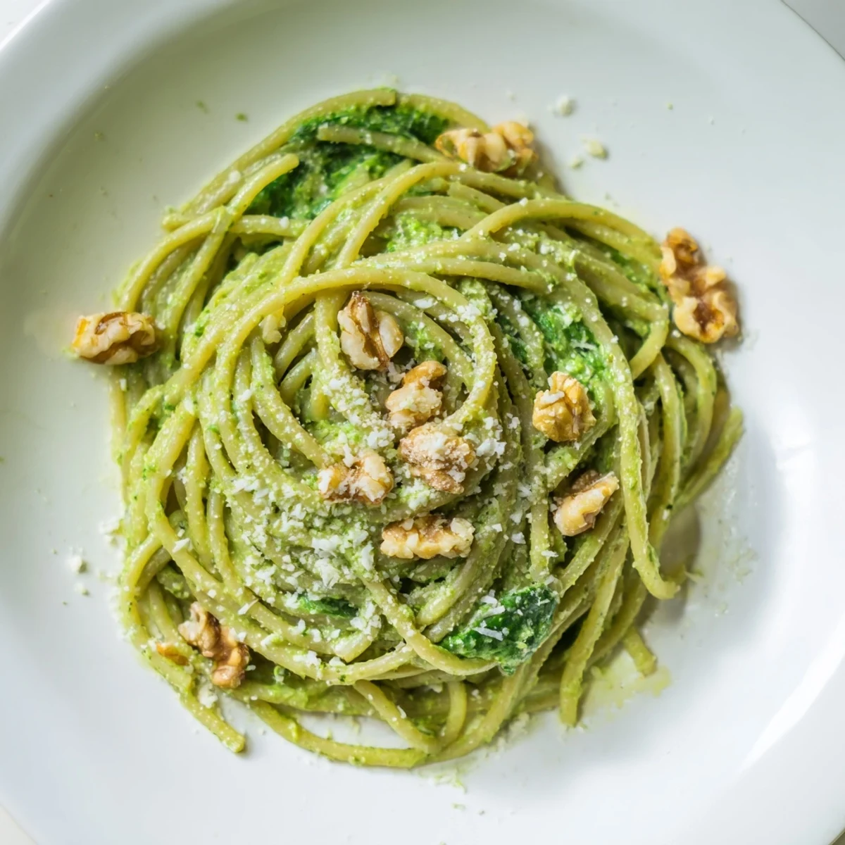 Creamy avocado spinach pasta featuring al dente noodles and a rich green sauce garnished with walnuts.