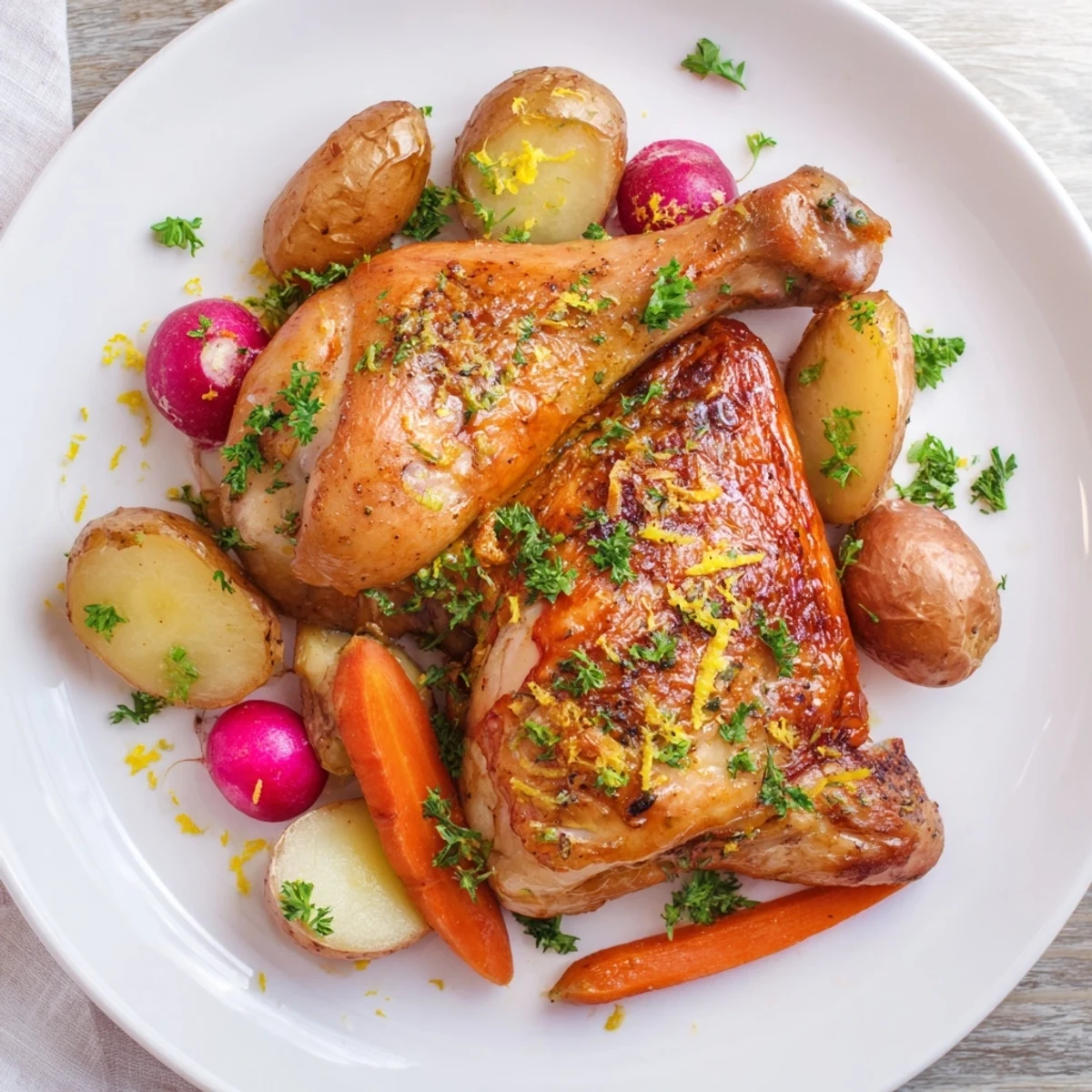 Roasted Chicken with Spring Vegetables and Herbs served with glazed carrots and crispy potatoes.