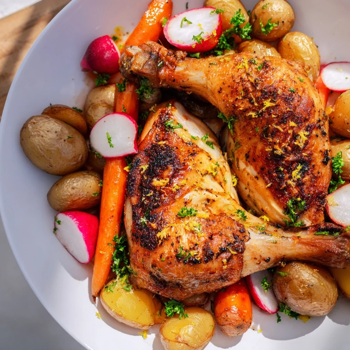 A close-up of juicy Roasted Chicken with Spring Vegetables and Herbs and vibrant asparagus spears.