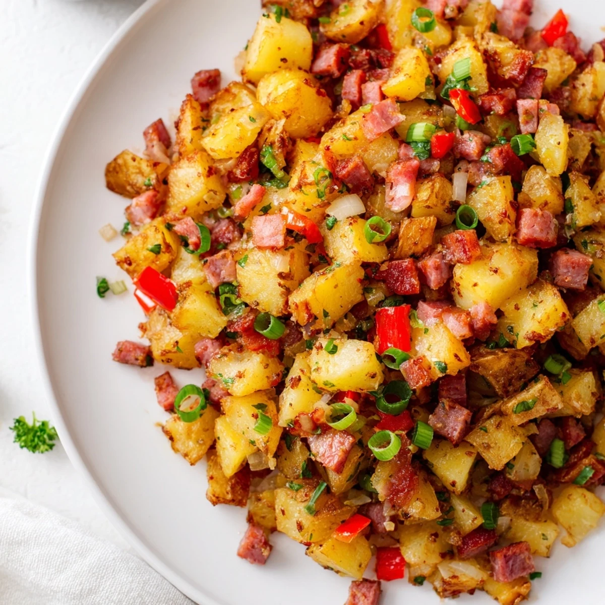 Golden crispy potatoes and tender diced corned beef sautéed with onions in a skillet, topped with fresh parsley for a hearty breakfast.  
