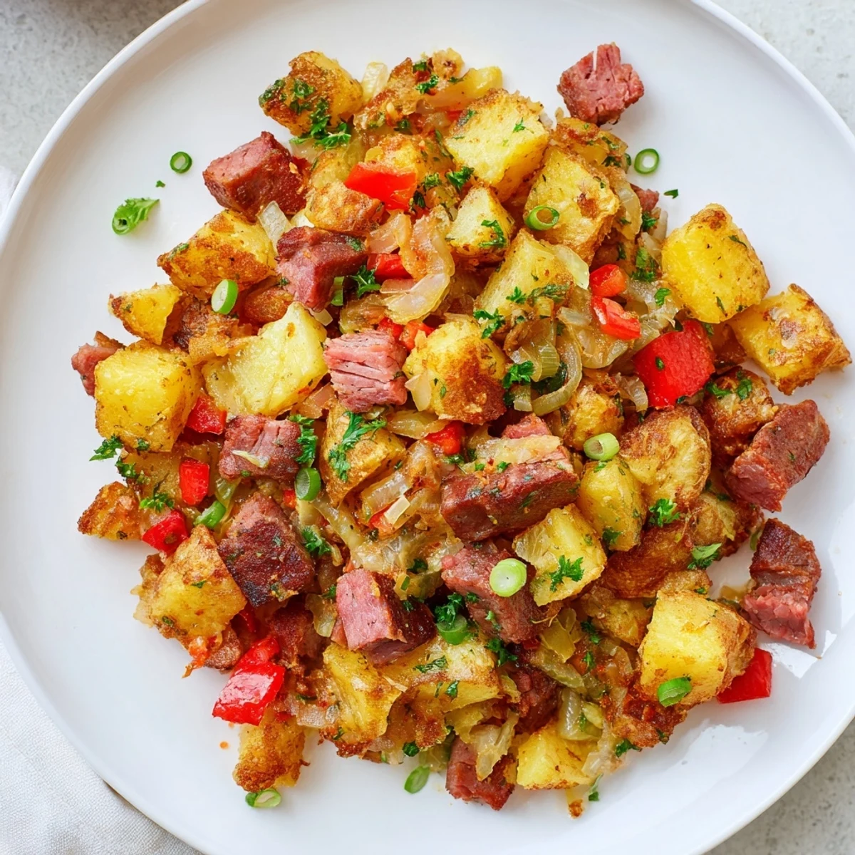 A close-up of savory Corned Beef Hash with golden potatoes, diced onions, and a sunny-side-up egg on top.