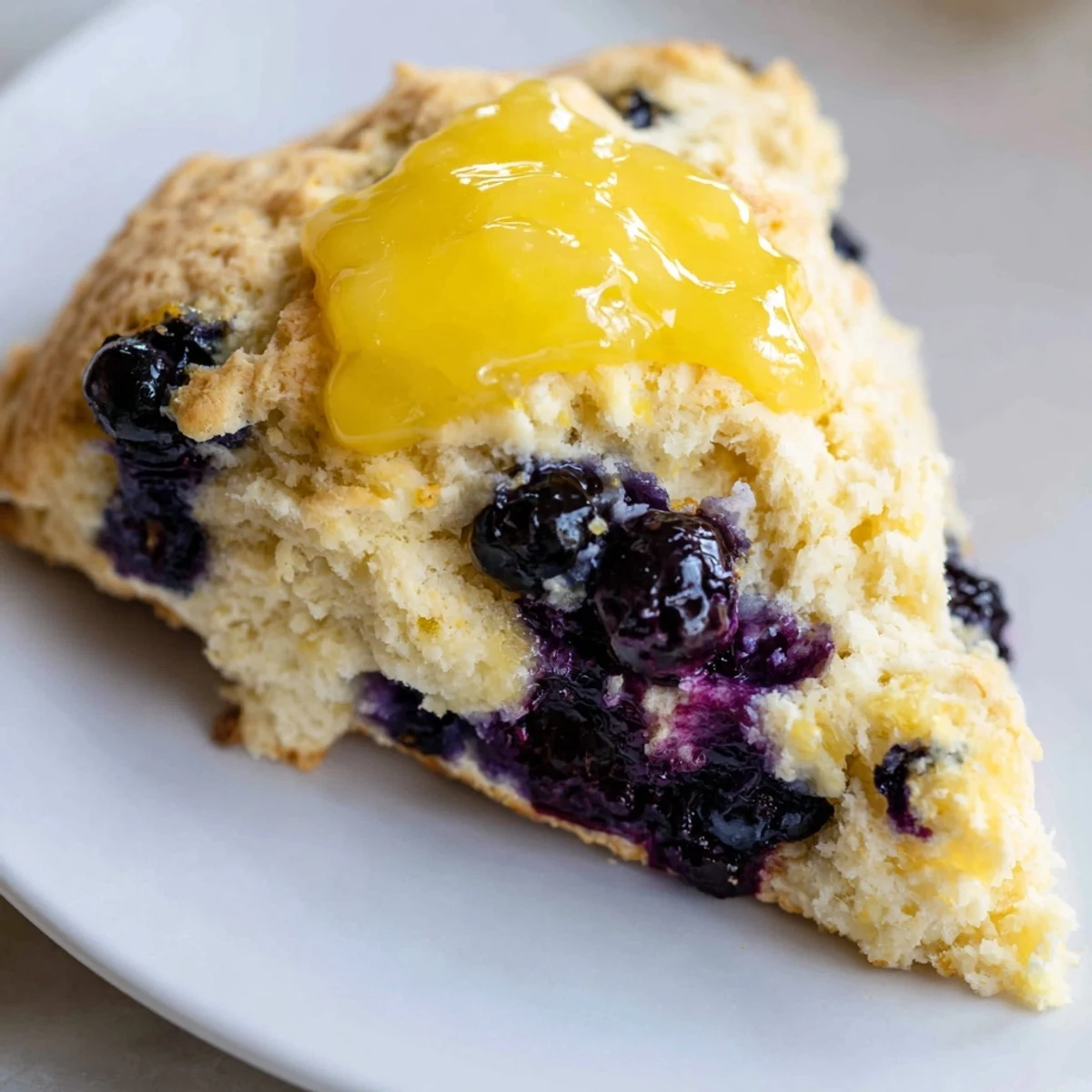 Freshly baked Lemon Blueberry Scones with Lemon Curd on a rustic wooden board, ready to serve.