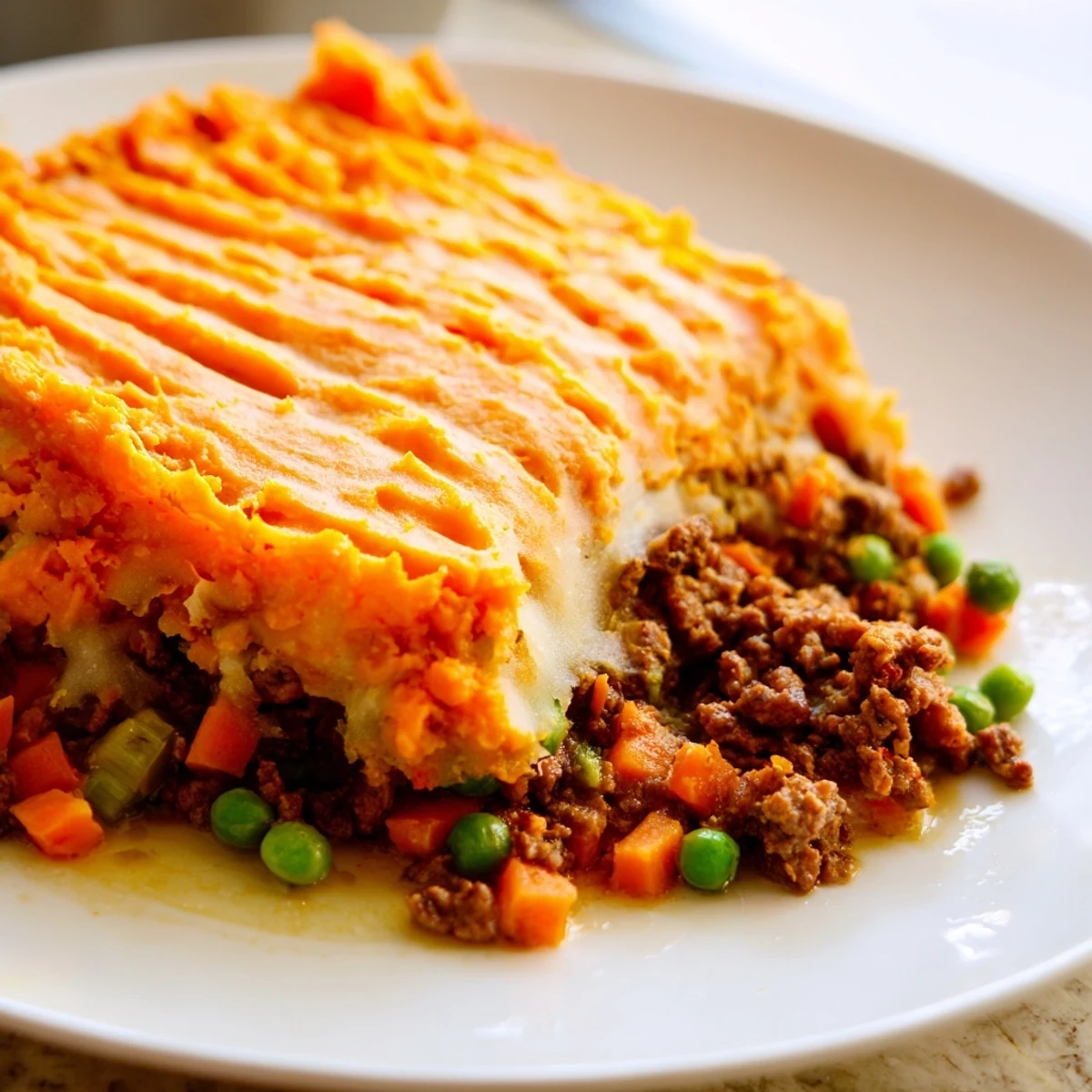 Golden-brown Beef Shepherds Pie with Sweet Potato Mash sits bubbling in a baking dish, steam rising from the creamy orange topping.