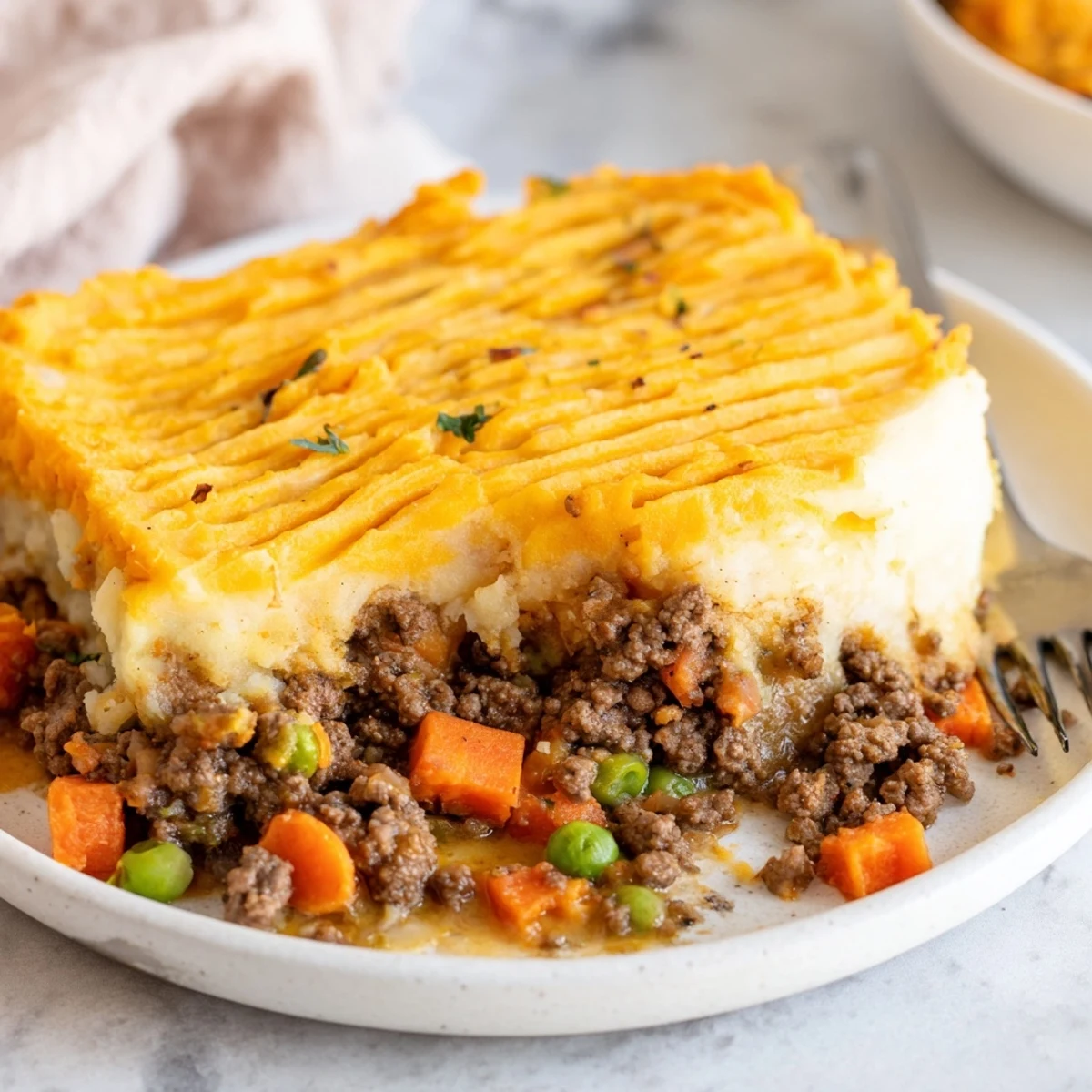 A close-up of Beef Shepherds Pie with Sweet Potato Mash reveals golden ridges on top, ready for a comforting family dinner.