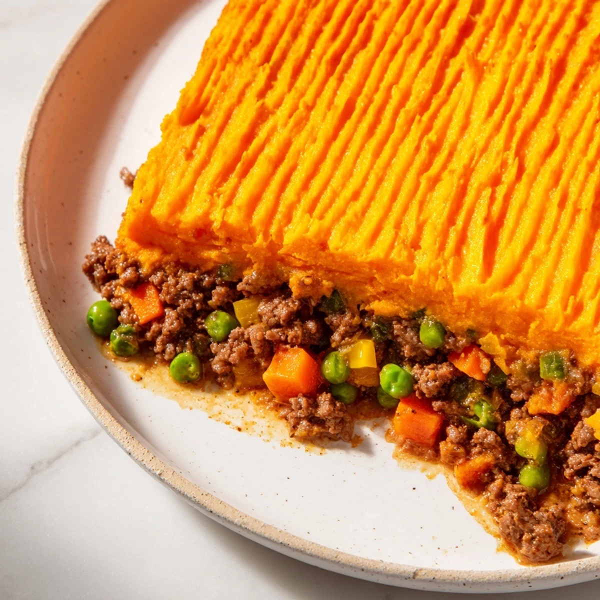 This hearty Beef Shepherds Pie with Sweet Potato Mash showcases a savory beef filling under fluffy, slightly sweet mash.