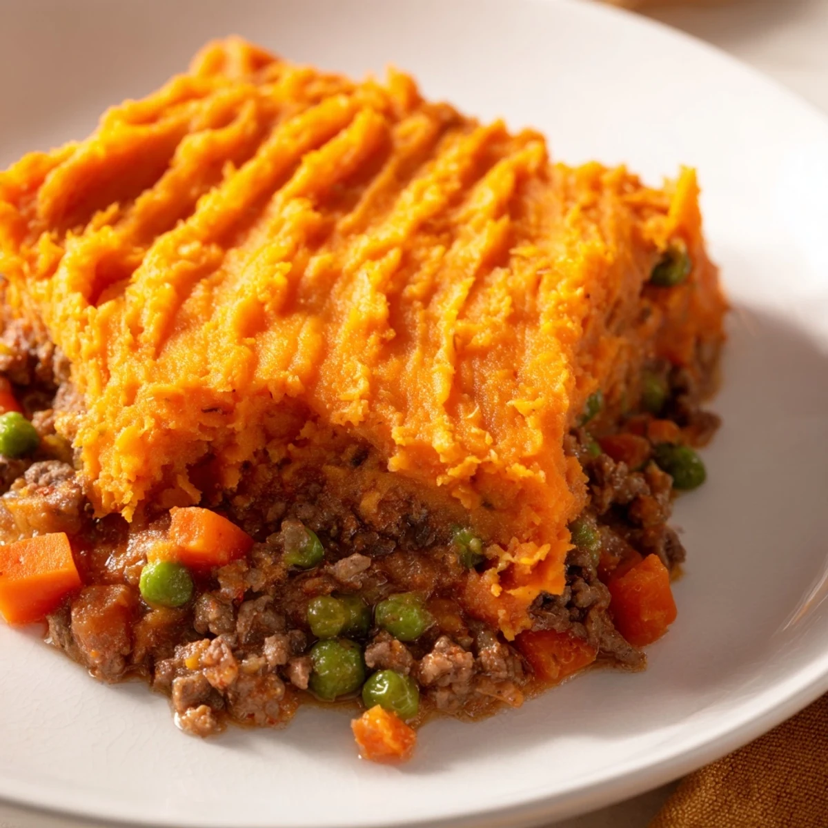 This hearty Beef Shepherds Pie with Sweet Potato Mash features tender ground beef and peas under a smooth, sweet potato topping.