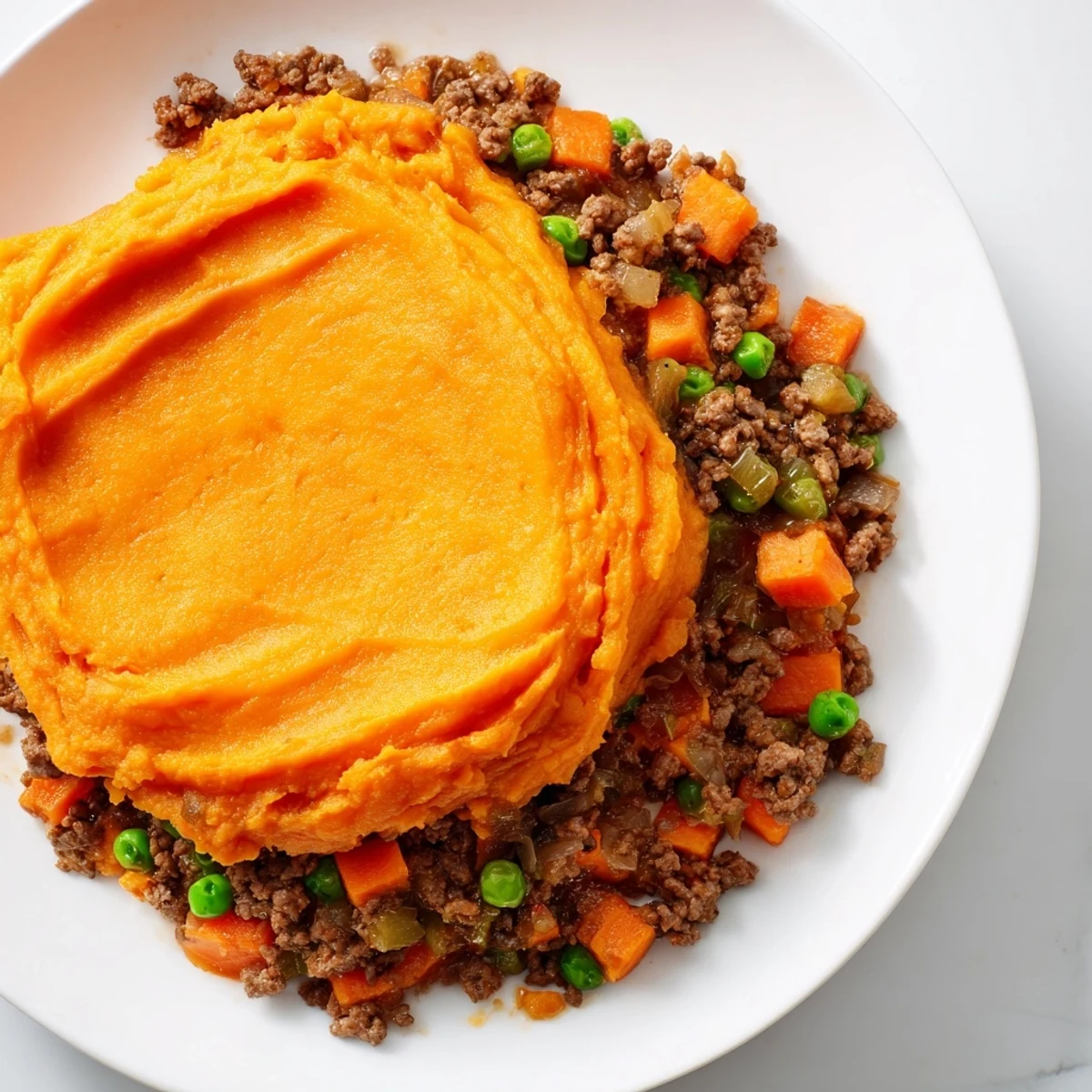 Beef Shepherds Pie with Sweet Potato Mash baked to bubbly perfection, with fork ridges on top and herbs scattered on the crust.
