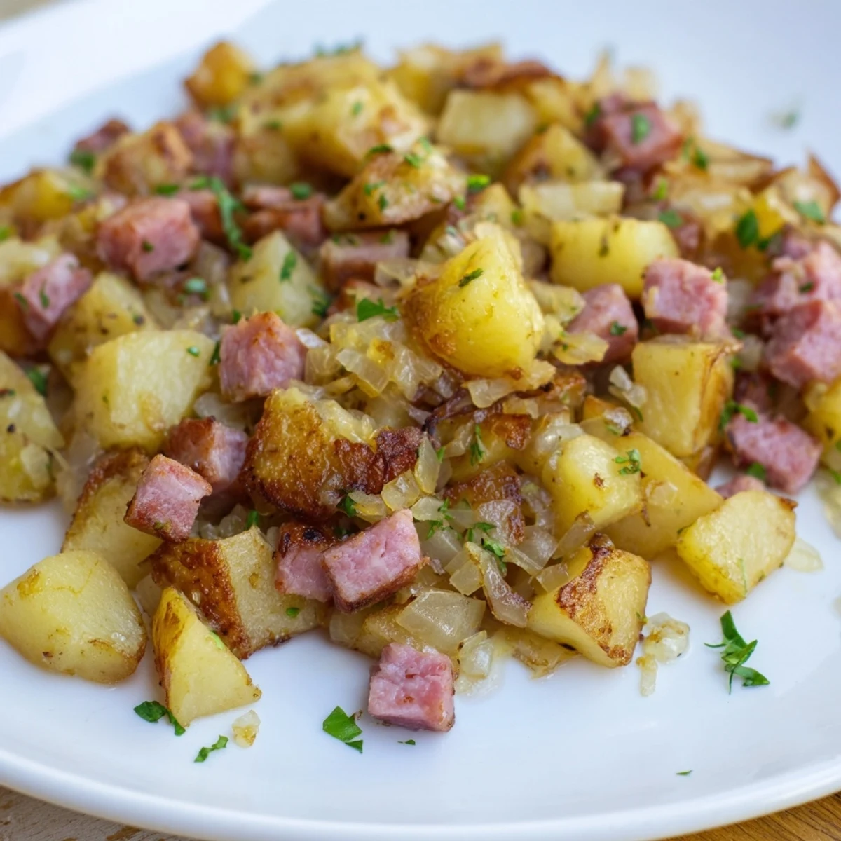 A hearty Corned Beef Hash with Crispy Potatoes beside sunny-side-up eggs and a side of ketchup for brunch.