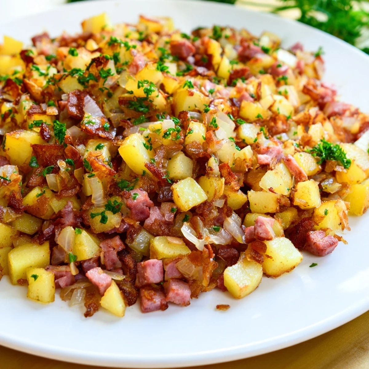 Golden crispy diced potatoes and tender corned beef hash topped with fresh parsley and served in a rustic skillet.