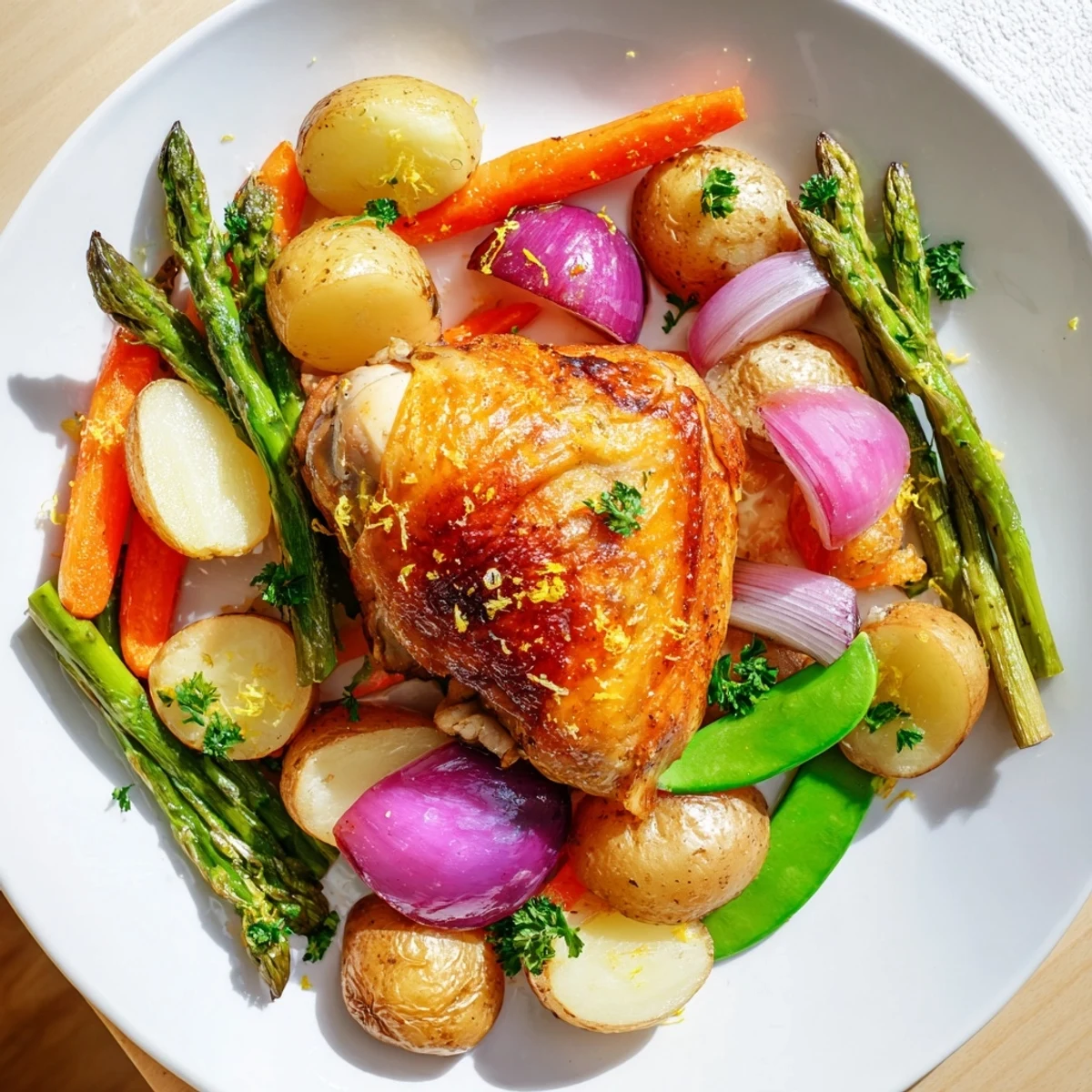 A beautifully golden roasted chicken with spring vegetables and herbs sits in a rustic roasting pan.