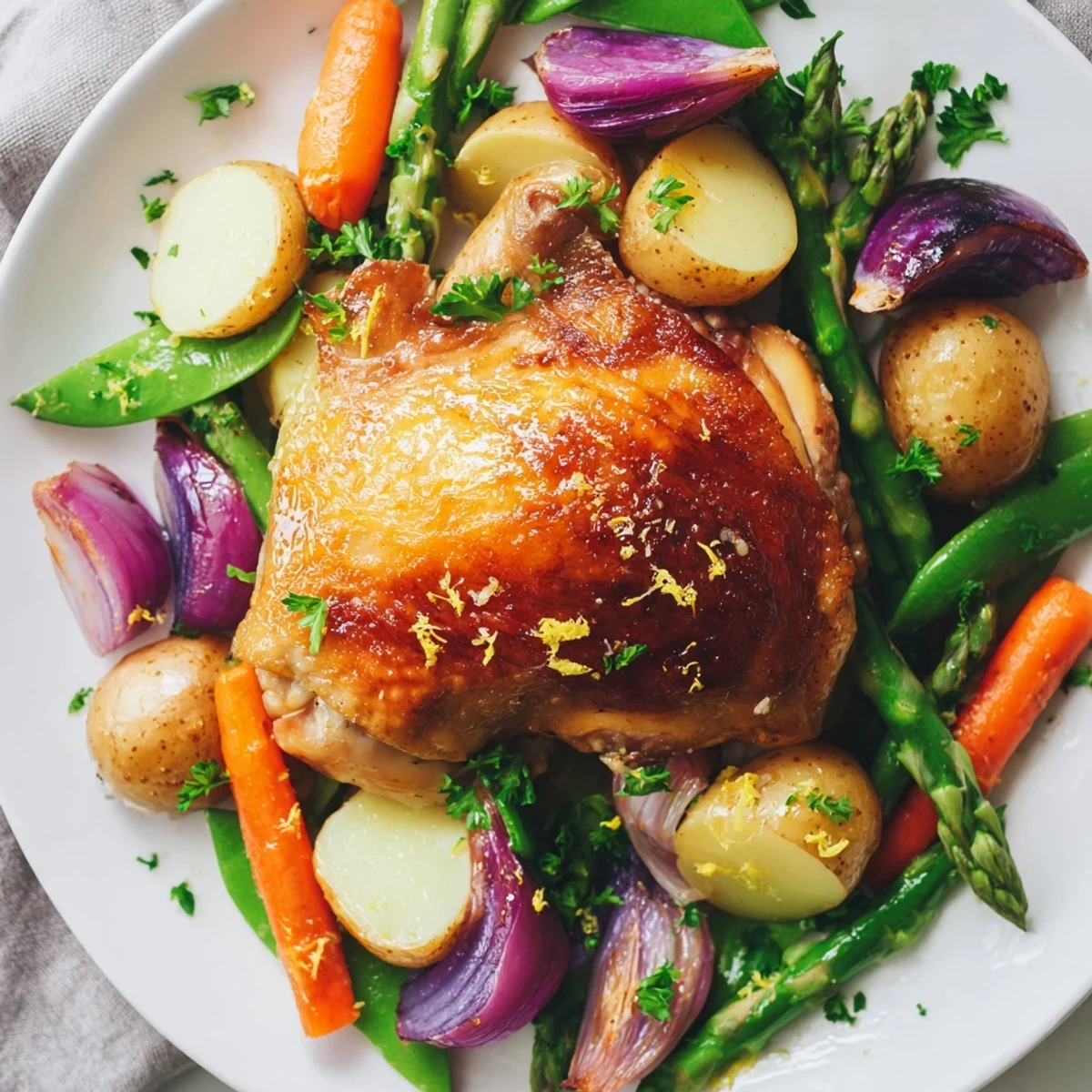 The roasted chicken with spring vegetables and herbs showcases asparagus, snap peas, and lemon zest garnish.