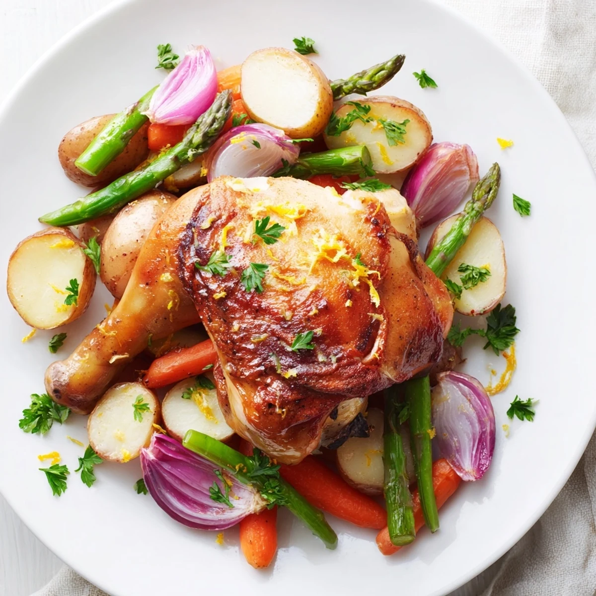 Juicy carved chicken breast served with roasted spring vegetables and herbs, perfect for a family dinner.