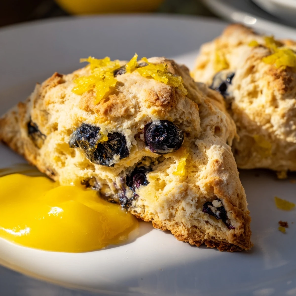 Close-up of flaky Lemon Blueberry Scones with Lemon Curd beside a bowl of fresh berries.
