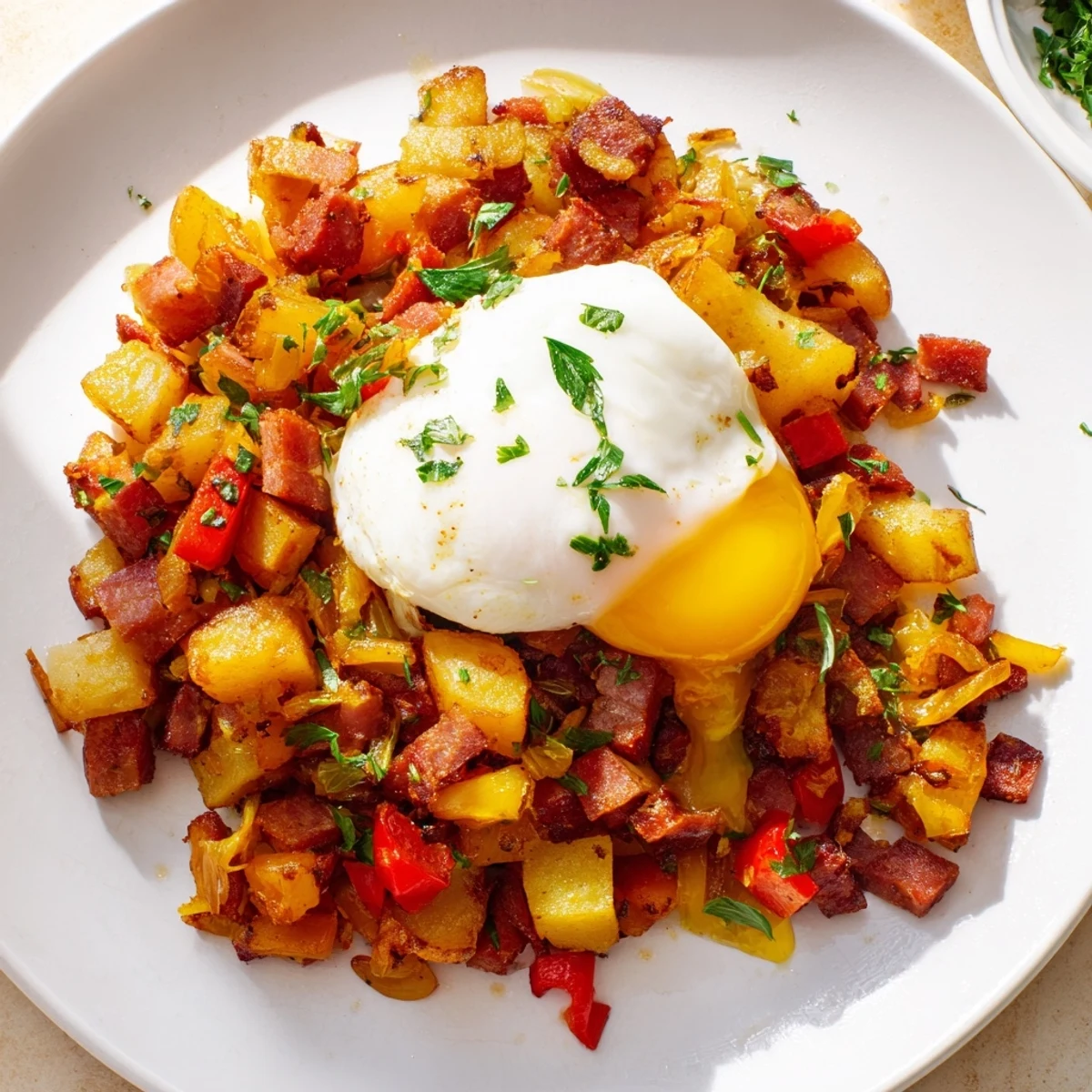 Crispy corned beef hash with poached eggs served on a rustic plate with fresh parsley garnish.