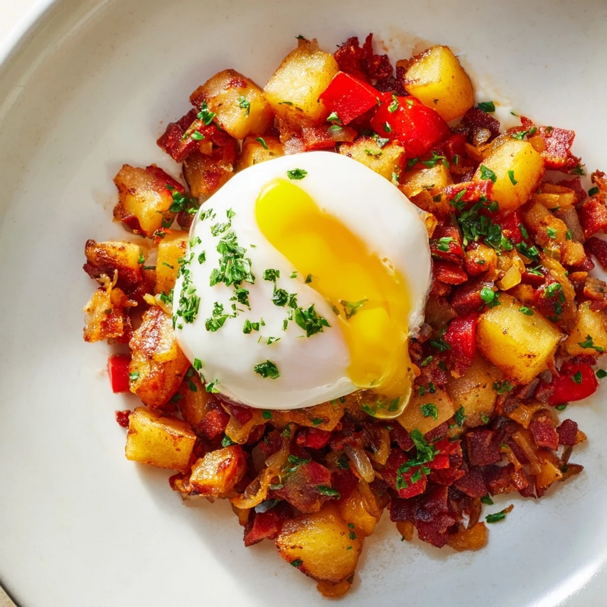 Perfectly poached eggs with runny yolks rest atop a savory corned beef hash breakfast skillet.