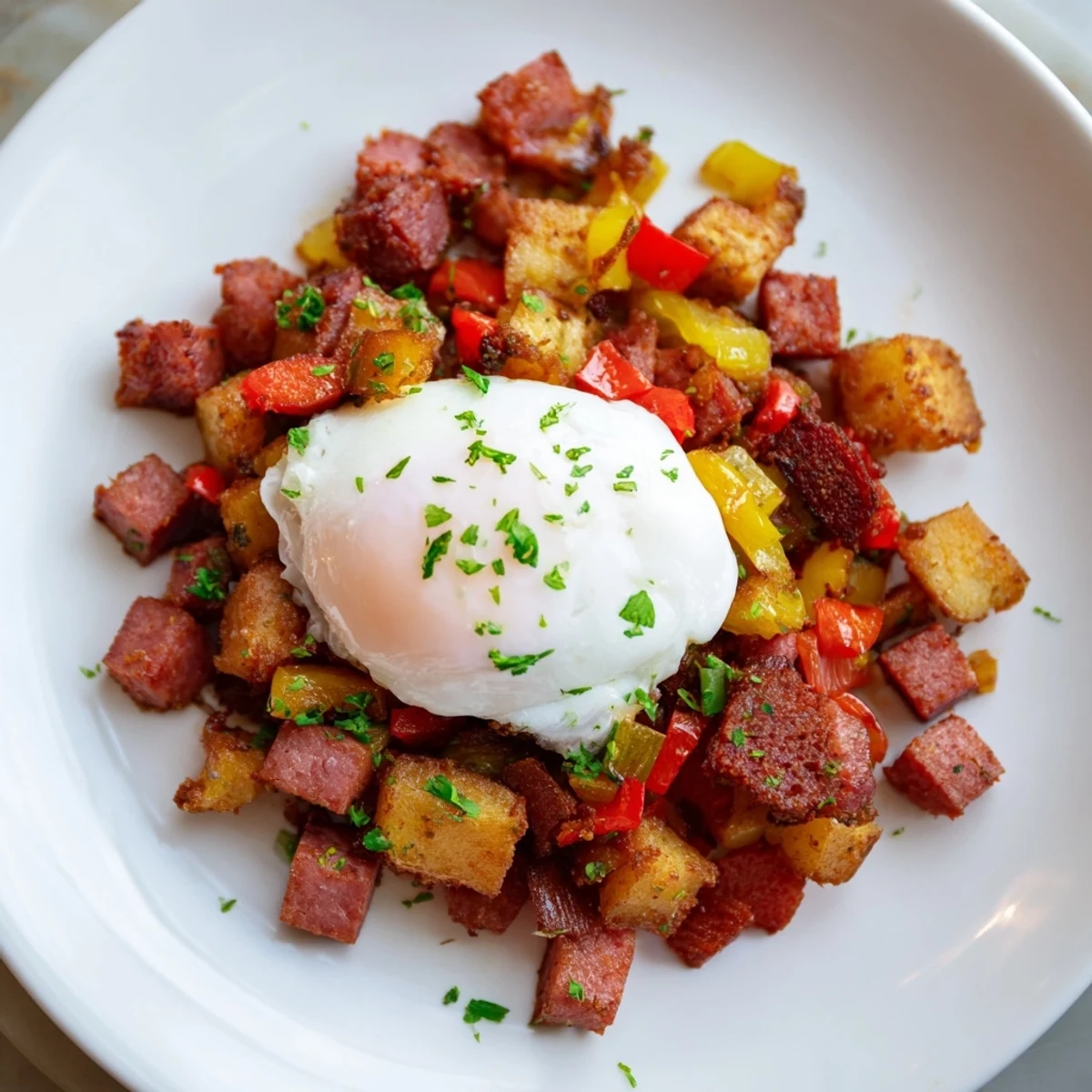 Hearty American corned beef hash and poached eggs for a comforting weekend brunch with toast on the side.