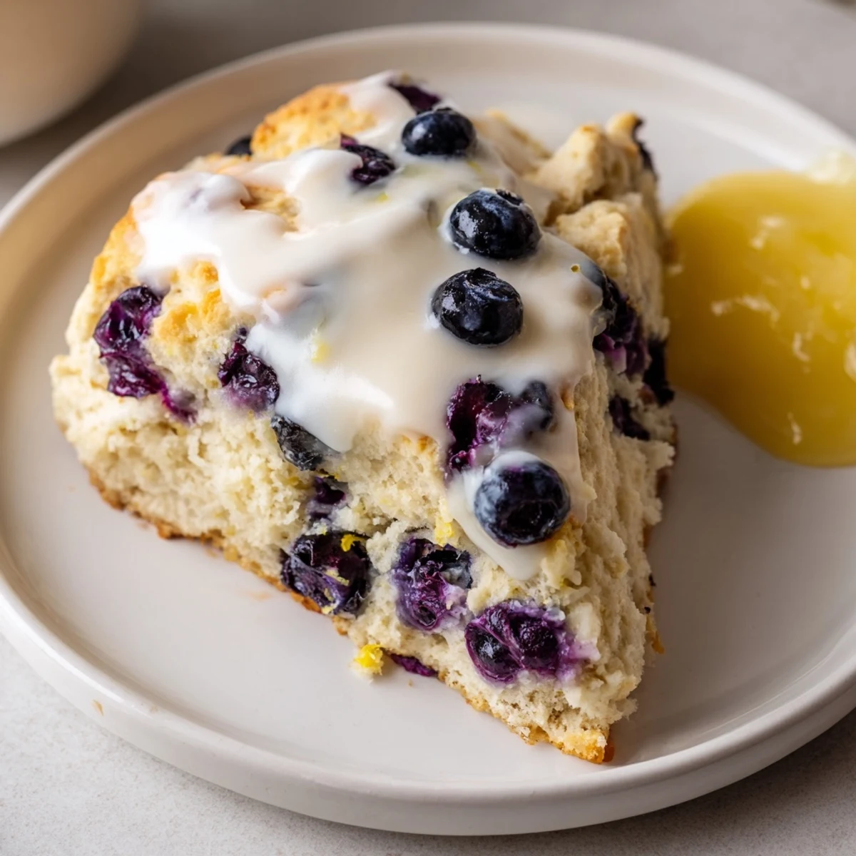 Freshly baked Lemon Blueberry Scones with Lemon Curd on a rustic wooden board next to a cup of tea.