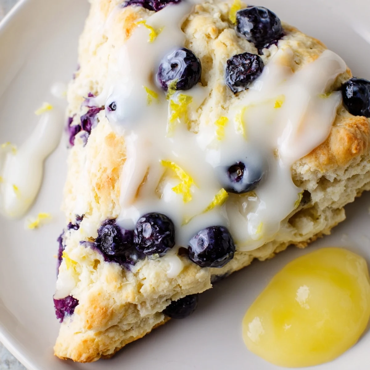 A close-up view of Lemon Blueberry Scones with Lemon Curd drizzled over the wedge, revealing juicy blueberries inside.