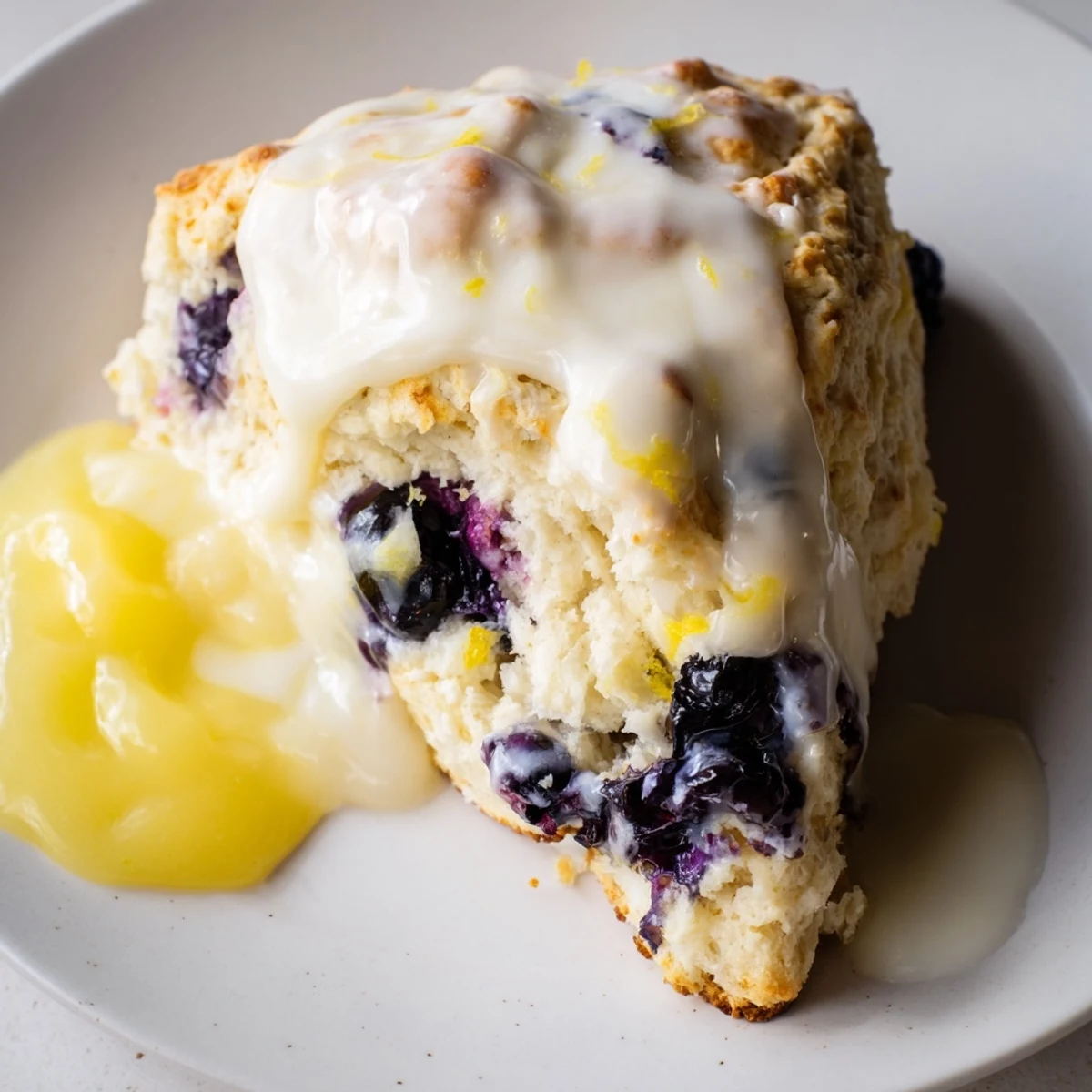 Golden Lemon Blueberry Scones with Lemon Curd served on a white plate with fresh lemon slices for garnish.