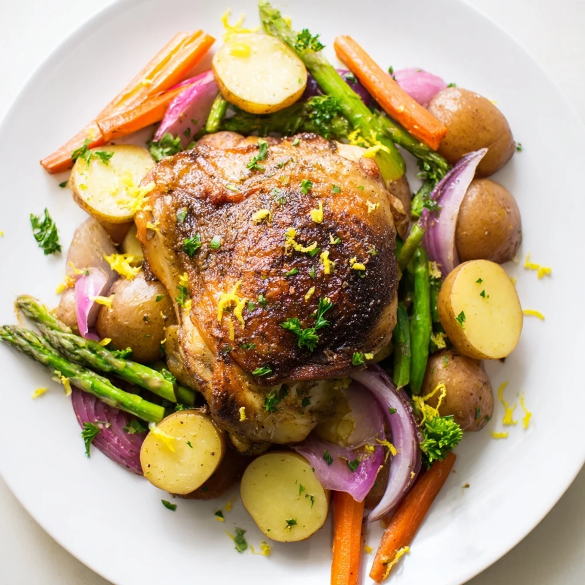A golden-brown roasted chicken with spring vegetables on a rustic platter, garnished with fresh parsley and lemon zest for a vibrant meal.