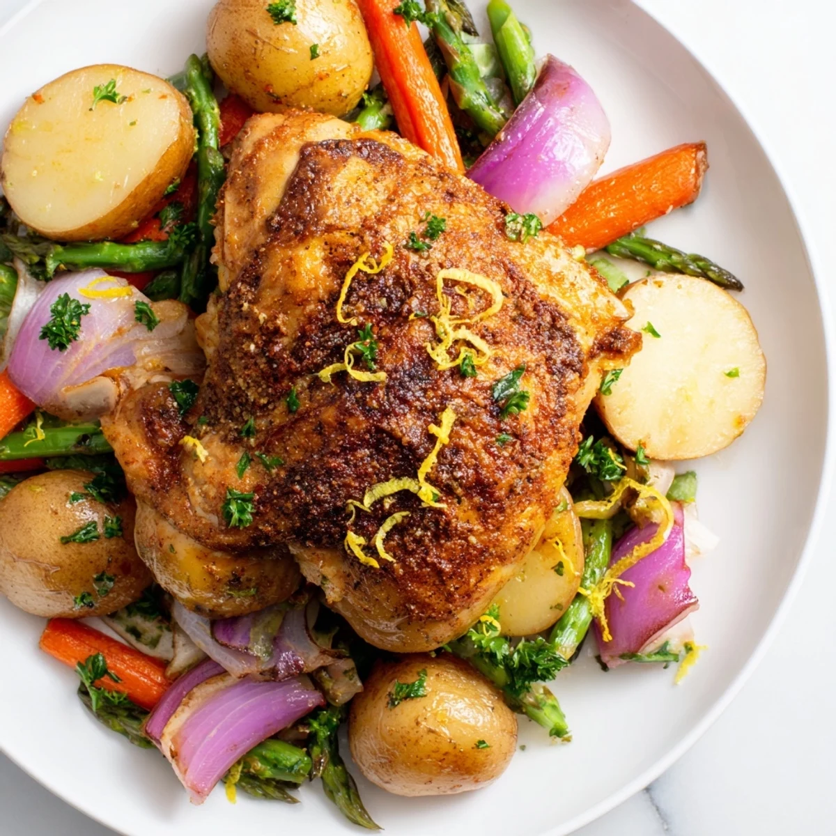 Golden crispy roasted chicken served with caramelized onions and baby potatoes, perfect for a fresh spring dinner ready to carve and serve.