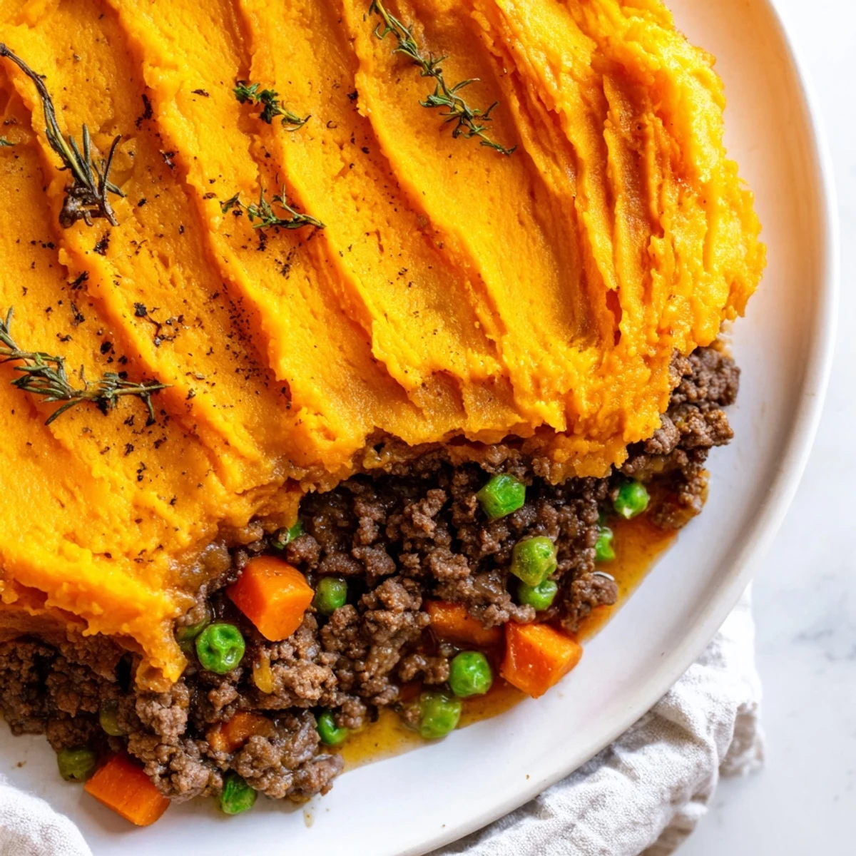 A close-up view of Beef Shepherds Pie with Sweet Potato Topping reveals a hearty ground beef layer beneath creamy, orange mashed sweet potatoes.