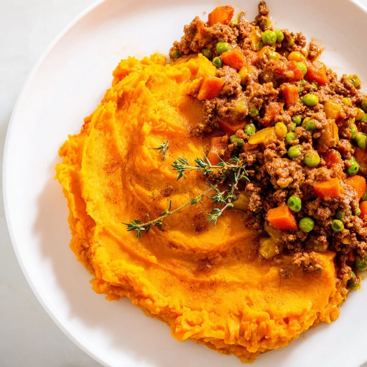 Serve this savory Beef Shepherds Pie with Sweet Potato Topping alongside fresh green beans for a wholesome family dinner main dish.