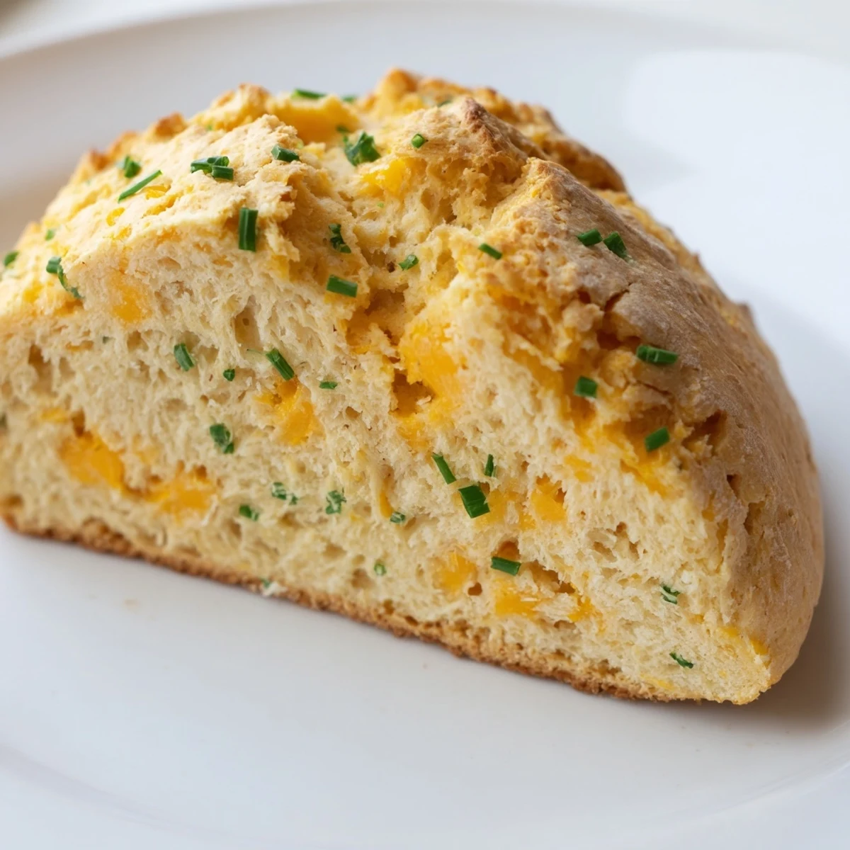 A close-up of warm Savory Cheddar & Chive Irish Soda Bread with a golden crust, sliced to show a tender, cheesy interior perfect for serving with butter.