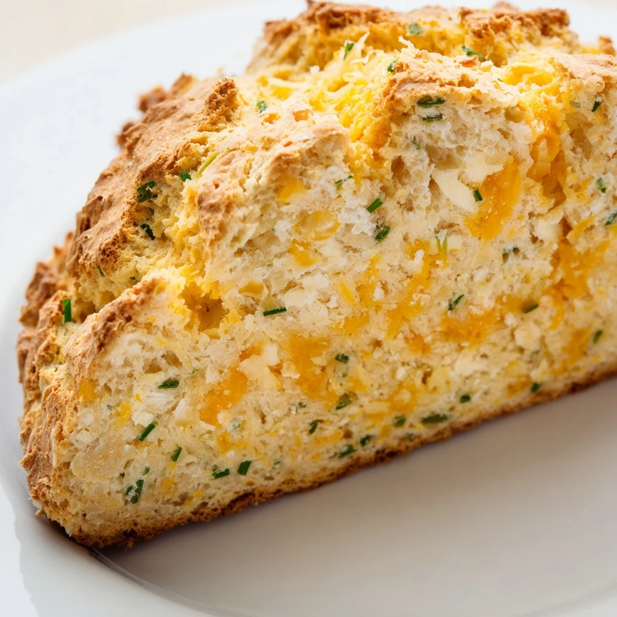 A rustic loaf of Savory Cheddar & Chive Irish Soda Bread on a wooden board, fresh from the oven with melted cheddar bits and fresh green chives.