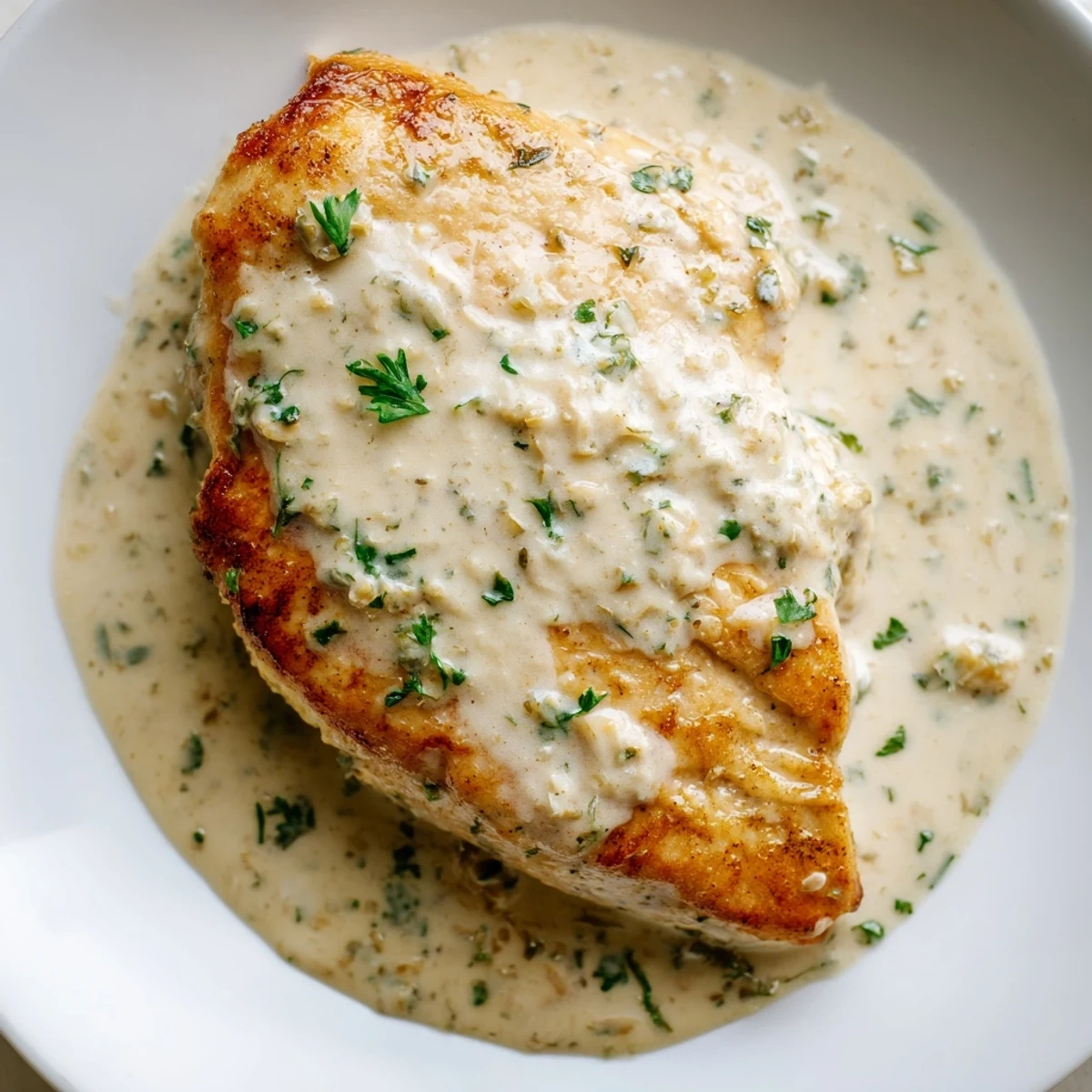 A close-up of tender Boursin Chicken served over mashed potatoes with green beans.