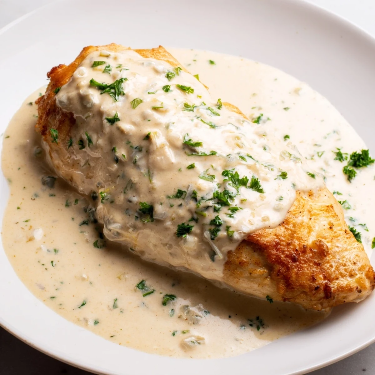 Sizzling skillet of homemade Boursin Chicken with melted cheese sauce, perfect for dinner.