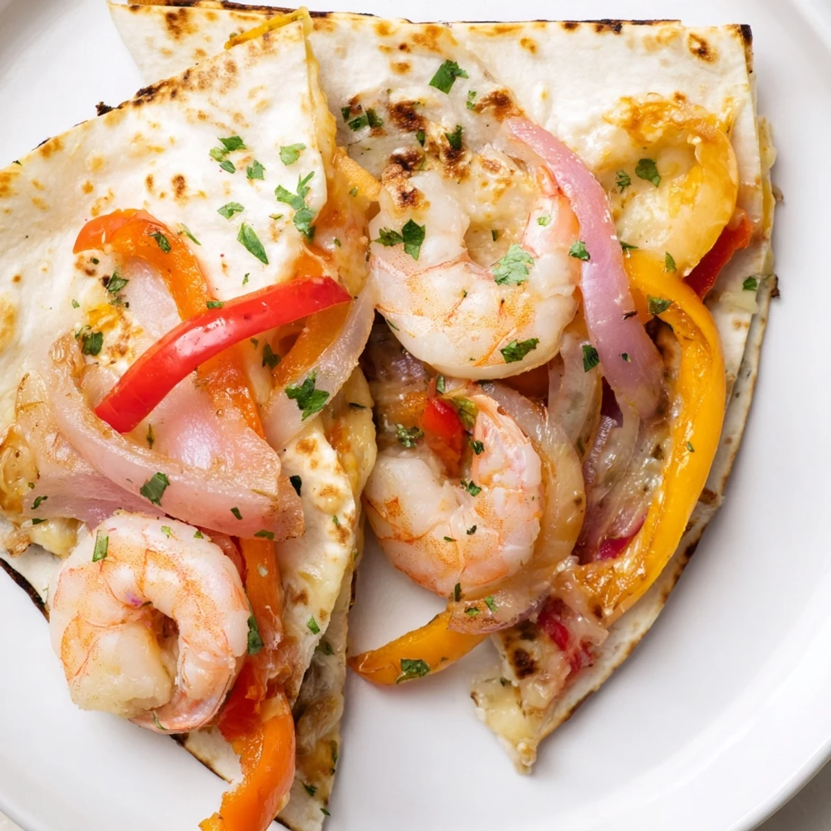 A close-up view shows the juicy shrimp and roasted vegetables inside these Shrimp Fajita Sheet Pan Quesadillas, highlighting the crunchy, golden-brown crust.