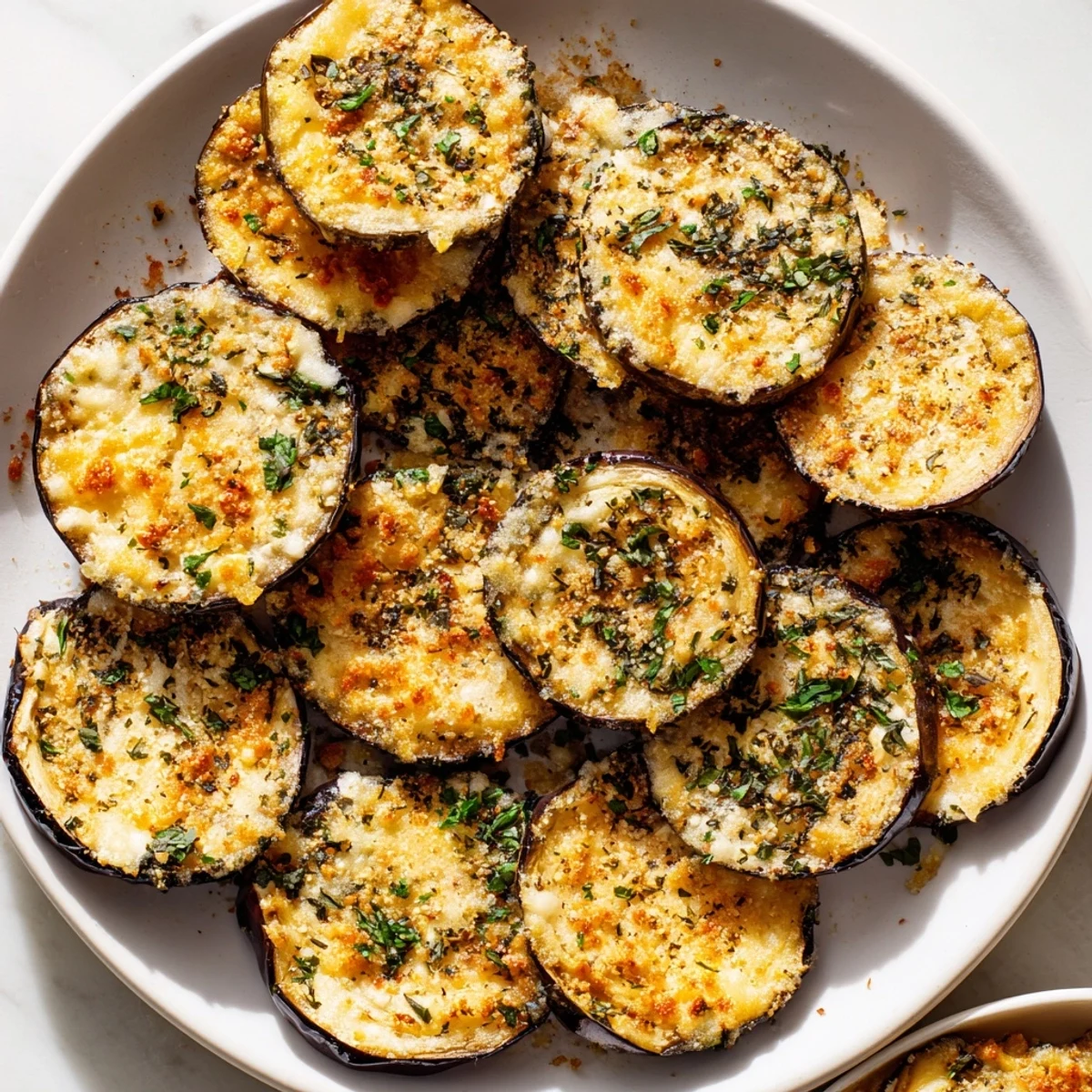 A close-up of Mediterranean Roasted Eggplant & Parmesan Crisps showing bubbly cheese, soft eggplant, and rustic baking sheet.