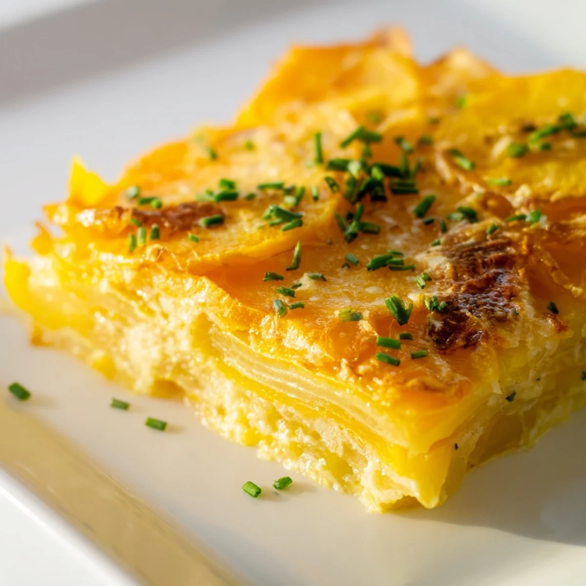 Golden baked Cheesy Sweet Potato Gratin with caramelized onions bubbling with Gruyère and cheddar in a dish.
