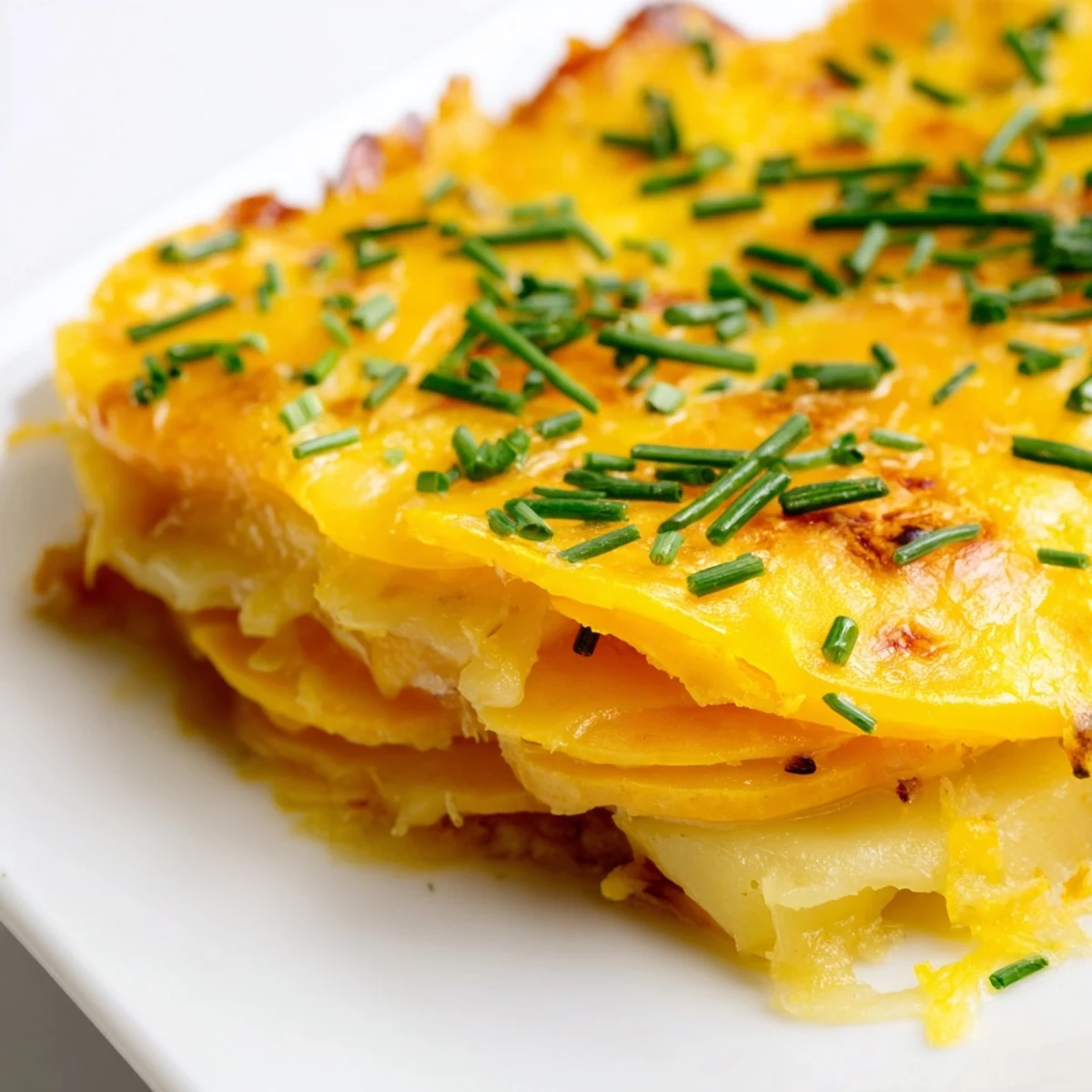 Rich Cheesy Sweet Potato Gratin with golden top, caramelized onions, and creamy sweet potatoes on a rustic table.