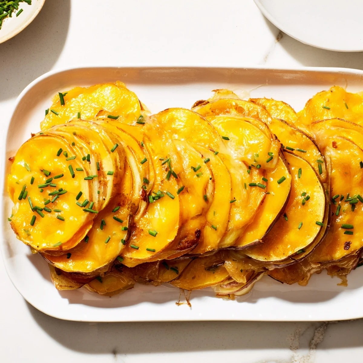 A close view of Cheesy Sweet Potato Gratin layered with caramelized onions and melted cheese for serving.