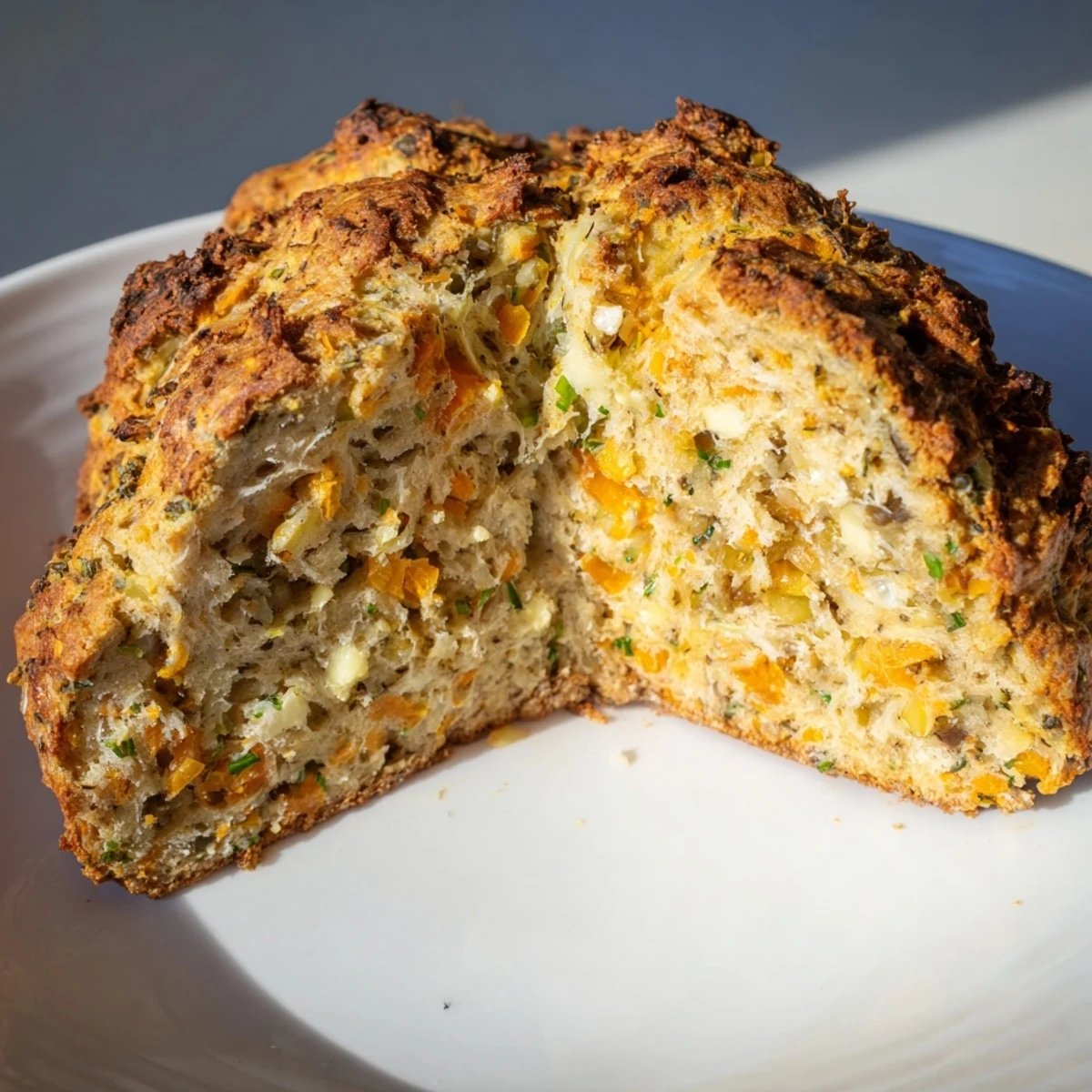 Freshly baked Savory Herbed Cheddar Irish Soda Bread loaf on a wooden board, showcasing its golden crust with visible herbs and melted cheese.