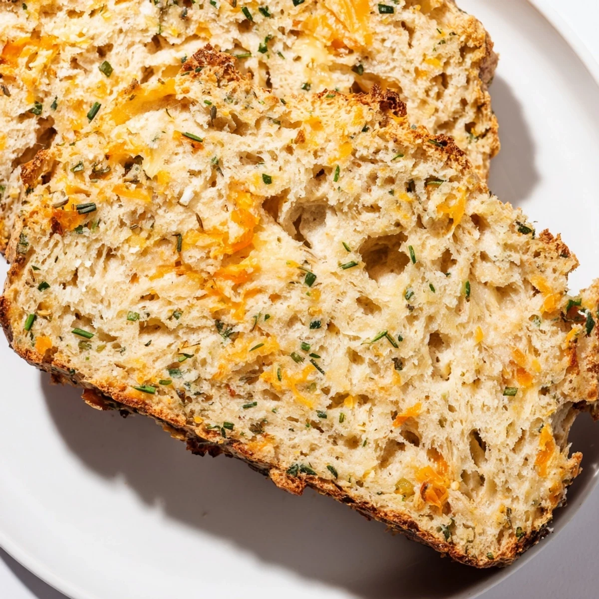 Close-up of a Savory Herbed Cheddar Irish Soda Bread cut open, revealing a tender crumb packed with sharp cheddar and fresh green herbs.