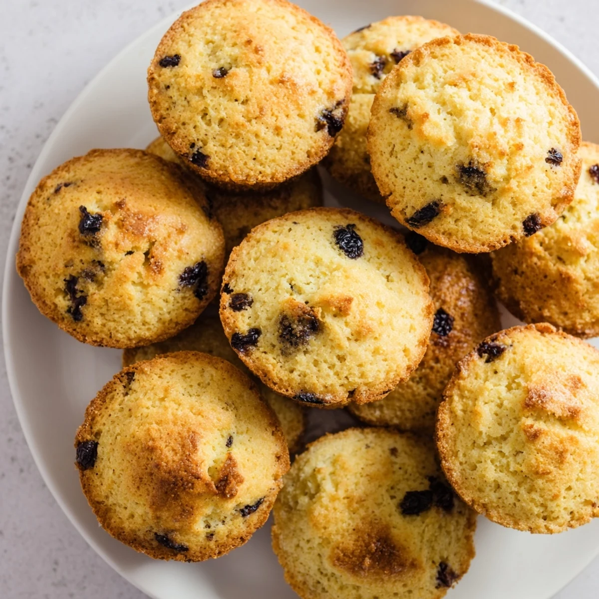 Golden Mini Irish Soda Bread Muffins baked with currants and warm from the oven on a cooling rack.