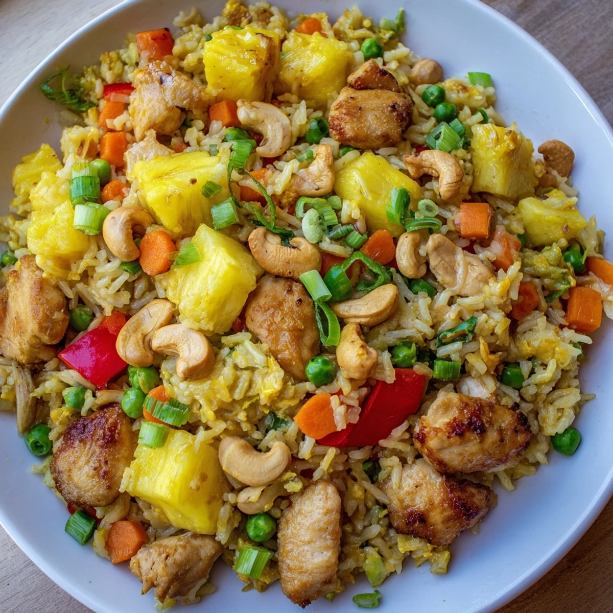 Pineapple Chicken Fried Rice with Cashews in a wok with vibrant veggies, cashews, and fluffy jasmine rice.