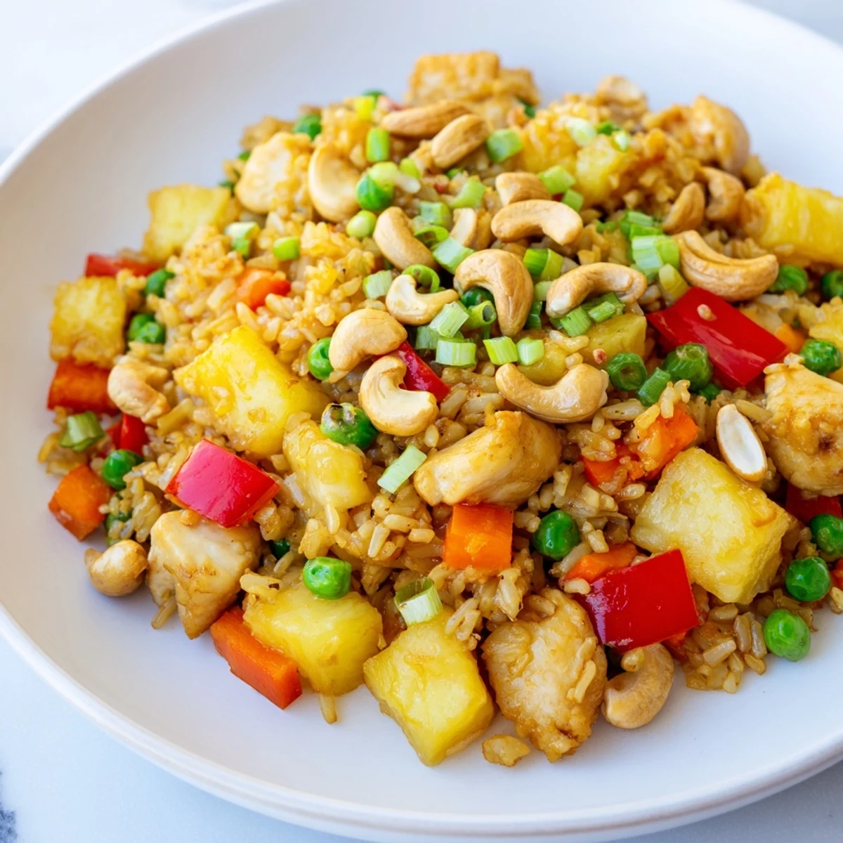 A colorful serving of Pineapple Chicken Fried Rice with Cashews, garnished with green onions and extra cashews.