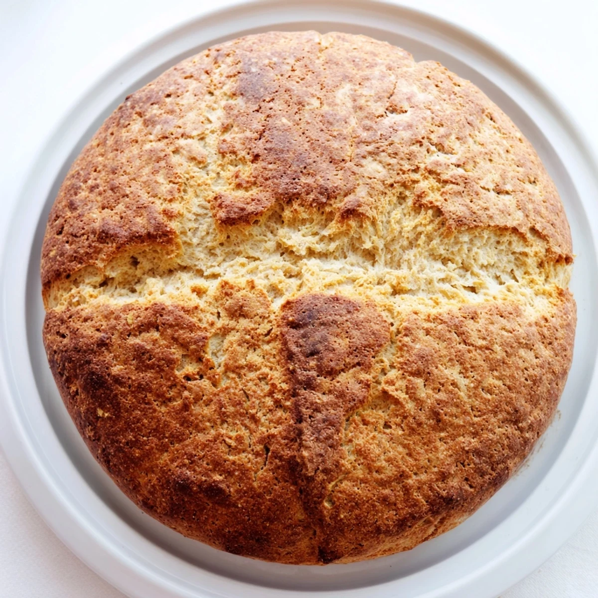 Freshly baked Authentic 4-Ingredient Irish Soda Bread on a wooden board with butter and jam nearby. 